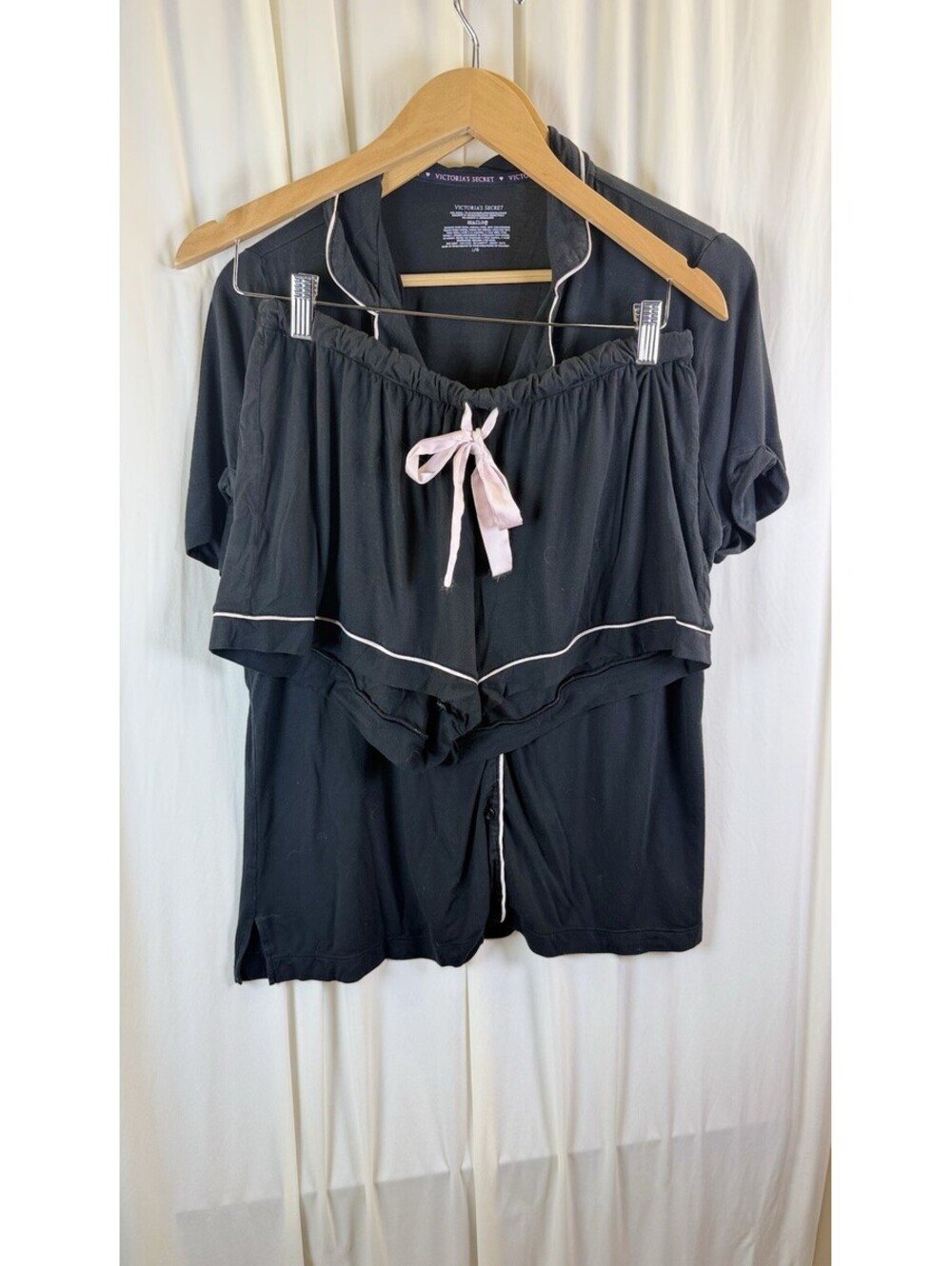 Victoria's Secret Black Pajama Set Pink Trim Sz L Button Up Shirt Shorts Soft